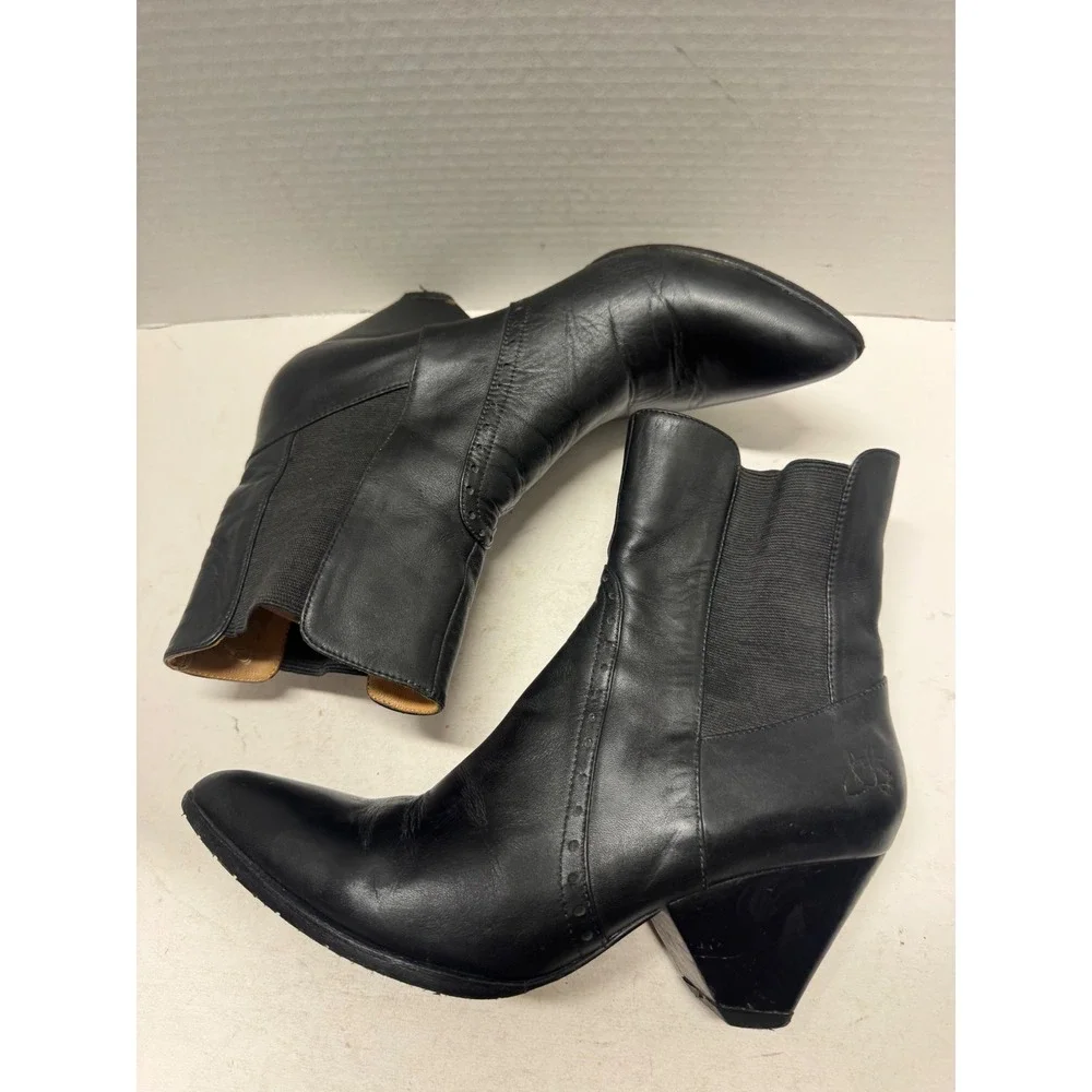 John Fluevog Black Leather Pointed Ankle Boots Block Heel Purpose Intent 7.5